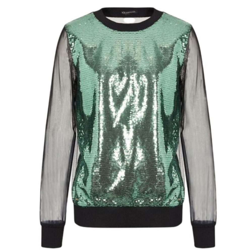 Armani Exchange Blouse Green Sequin Black Mesh Ribbed Trim MSRP $120 Small